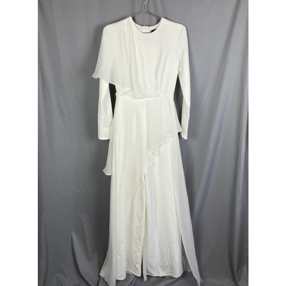 Annah Hariri White Overlay Chiffon Jumpsuit Wide Leg Size 2 Modest Palazzo READ